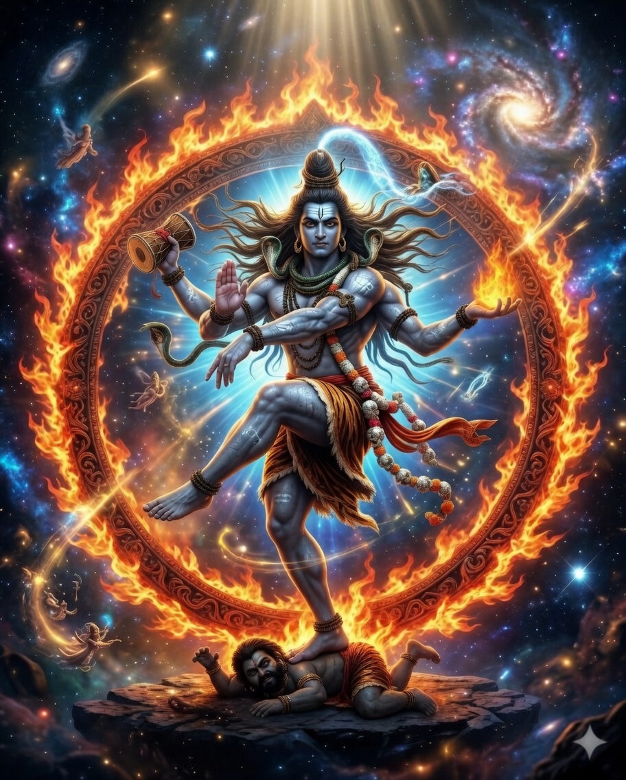Magnificent cosmic Nataraja performing the Ananda Tandava — damaru, Agni, Abhaya mudra, raised leg, foot on Apasmara, surrounded by flames in a glowing celestial setting